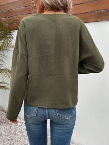 SHEIN Frenchy 素色落肩袖V領襯衫 - 軍綠色 - 查看 2