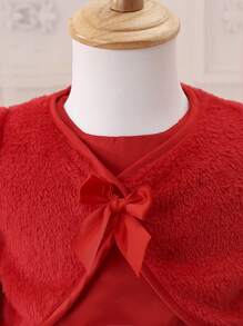 Baby Girl Bow Front Flounce Sleeve Jacket & Floral Embroidery Mesh Overlay Dress