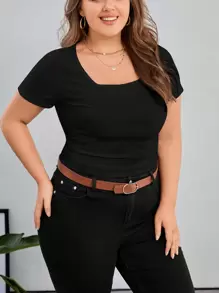 SHEIN Essnce Plus Solid Ruched Side Tee - Black - View 6