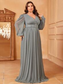 Plus Surplice Neck Lantern Sleeve Belted Party Dress - Grey - View 5