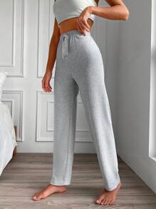 RueChic Solid Knot Waist Straight Leg Lounge Pants - Light Grey - View 4