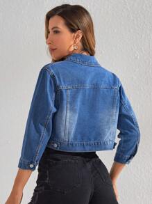 SHEIN Frenchy Flap Pocket Crop Denim Jacket - Medium Wash - View 2