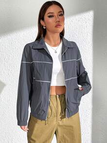 SHEIN Unity Contrast Piping Zip Up Windbreaker Jacket - Dark Grey - View 3
