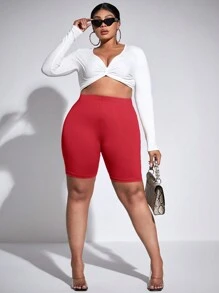 SHEIN SXY Valentine's Day,Plus Solid Biker Shorts - Red - View 3