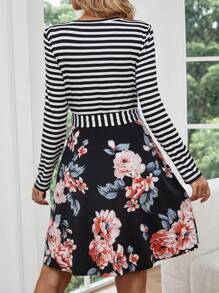 SHEIN LUNE Striped & Floral Print Belted Dress - Multicolor - View 2