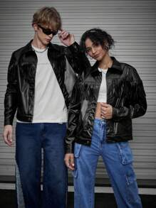 Manfinity Unisex Men 1pc Fringe Detail Drop Shoulder PU Leather Jacket