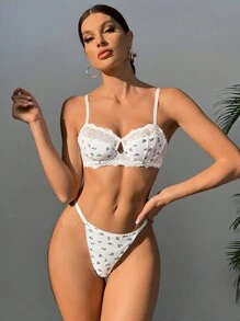 Floral Print Contrast Lace Underwire Bra & Panty Lingerie Set - White - View 6