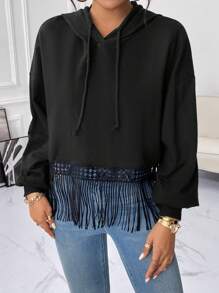 SHEIN Essnce Fringe Hem Drop Shoulder Drawstring Hooded Sweatshirt - Black - View 7