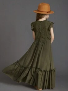 Vestido sin cinturón para niña preadolescente con mangas acampanadas, dobladillo de volantes y encaje Guipure calado elegante - Verde Oliva - Ver 2