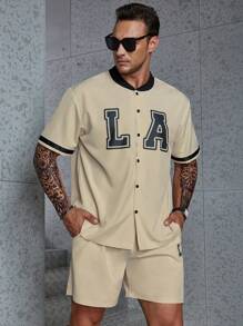 Manfinity Homme 男士大码字母圖案拼接邊襯衫&短褲 - 卡其色 - 查看 3