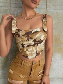 Y2K Street Camo Print Lace Up Backless Crop Shapewear Corset Top - Multicolor - View 1