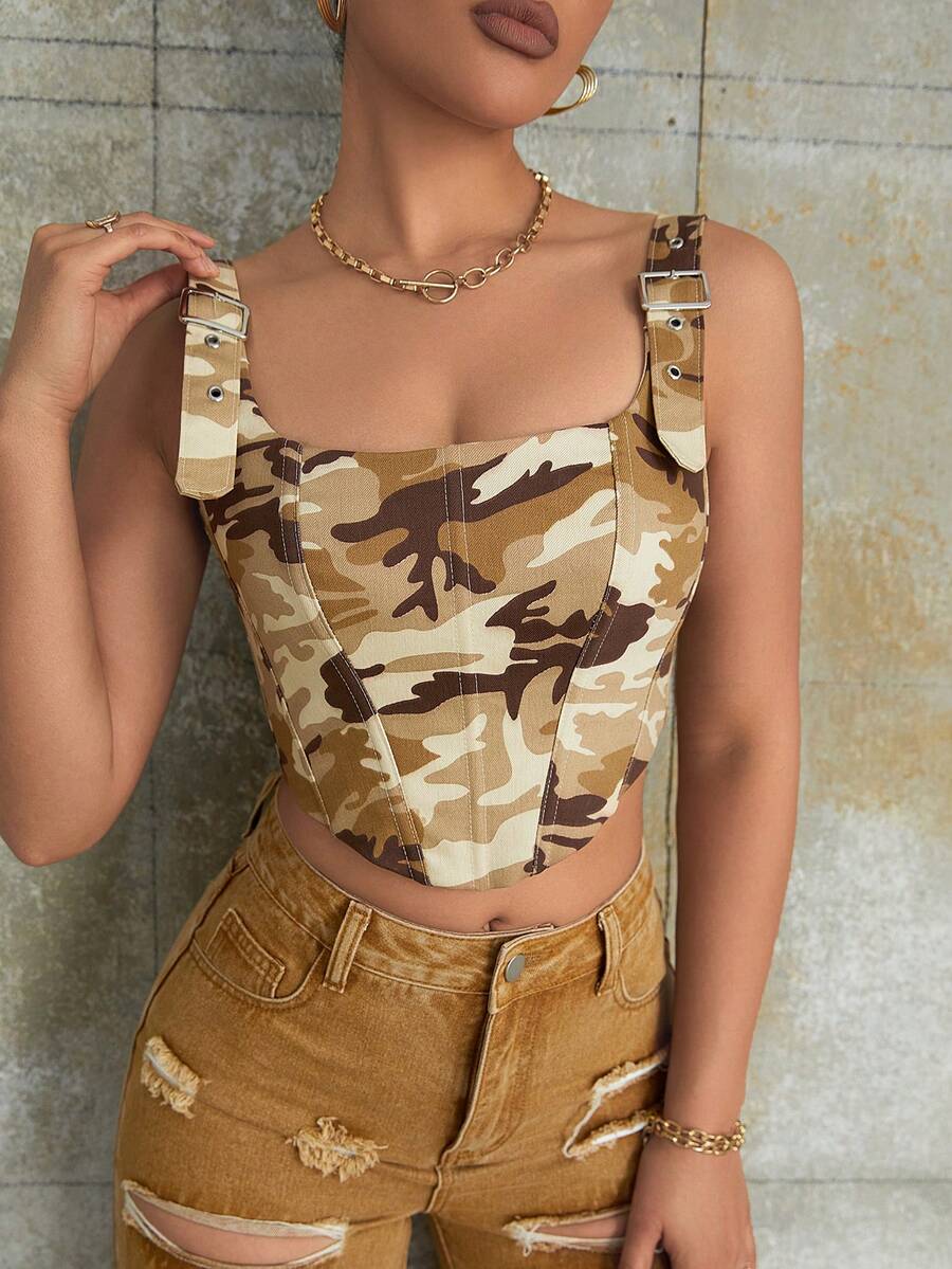 Y2K Street Camo Print Lace Up Backless Crop Shapewear Corset Top - Multicolor - View 1