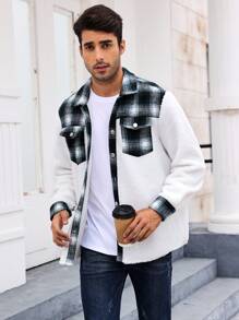 Manfinity Men 1pc Plaid Print Flap Pocket Teddy Panel Flannel Shirt - Multicolor - View 4