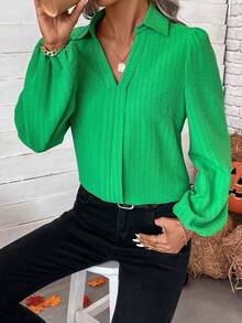 SHEIN LUNE Solid Lantern Sleeve Blouse - Green - View 2