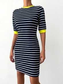 SHEIN Cottnline Striped Contrast Binding Dress - Navy Blue - View 3
