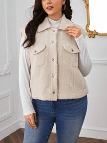 SHEIN Essnce Hơn Túi có nắp Teddy Áo khoác vest - Màu be - Xem 5