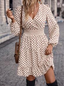 SHEIN Clasi Váy suông cổ bẻ in họa tiết toàn thân, viền bèo nhún phong cách Boho cho nữ, xếp ly, quấn tay dài cổ chữ V dáng thường, ngắn nhiều màu tay giám mục in họa tiết toàn thân dáng chữ A cho nữ, mùa xuân/thu, trang phục thường ngày - Nhiều màu - Xem 5