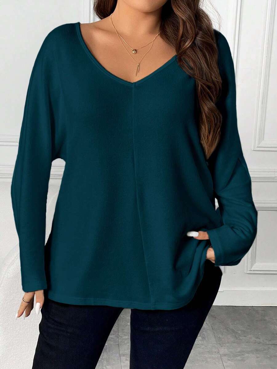 SHEIN Frenchy Plus Solid V Neck Tee - Blue - View 1