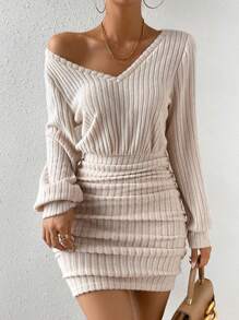 Chiquease Solid V Neck Ruched Bodycon Dress - Apricot - View 5