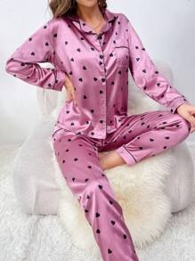 Heart Print Contrast Piping Satin PJ Set / Pajama Set, Fall Clothes Cozy And Elegant Details, Winter - Pink - View 3