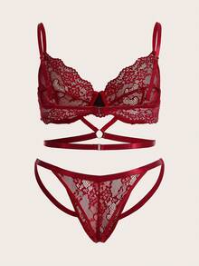 ROMWE Goth 大碼花卉蕾絲鋼圈內衣套裝 - 酒紅色 - 查看 2