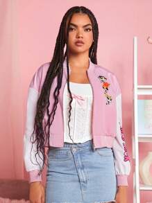 THE POWERPUFF GIRLS X SHEIN 1入組卡通和字母圖案落肩袖飛行員夾克 - 淺粉色 - 查看 5