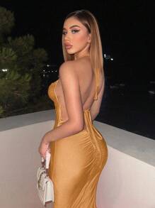 SHEIN Allurite Đầm Bodycon Cami hở vai buộc dây - Màu Khaki - Xem 3