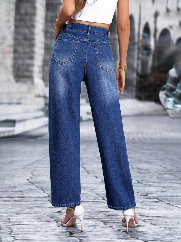 High Waist Raw Trim Straight Leg Jeans