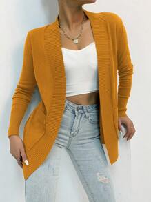 AAmilife Open Front Pocket Side Cardigan,Long Sleeve Tops - Mustard Yellow - View 7