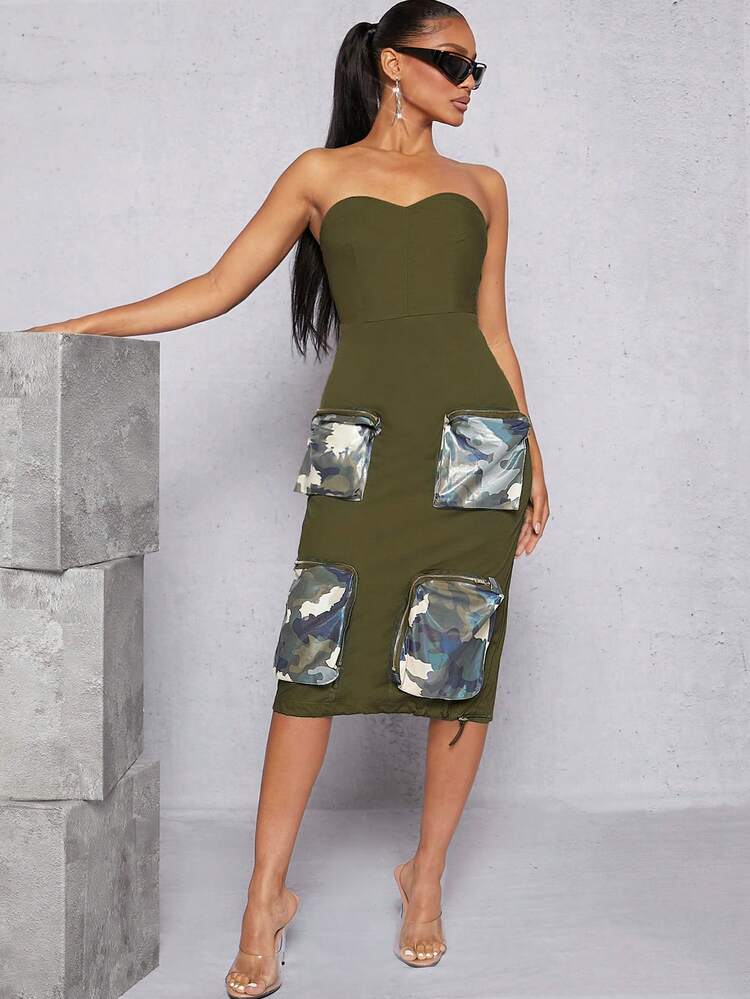 Camo Print Zipper Pocket Tube Dress