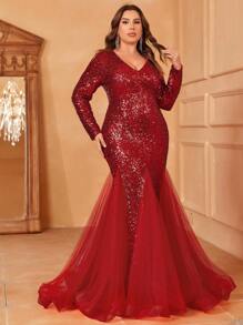 Faeriesty Plus Mesh Panel Sequin Party Dress - Red - View 4