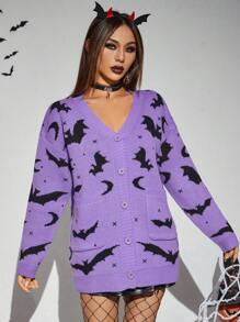 PUNK Halloween Bat Pattern Drop Shoulder Cardigan Fall Winter Cloth For Women - Purple - View 3