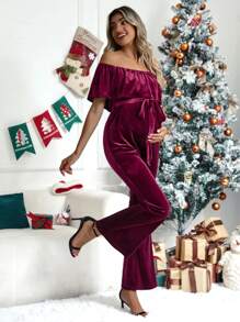 SHEIN Maternity Off Shoulder Ruffle Trim Belted Flare Leg Velvet Jumpsuit - Burgundy - View 3