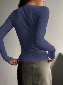 DAZY Half Button Ribbed Knit Tee,Fall Clothes Preppy Tops Long Sleeve Women Tops - Dusty Blue - View 2