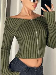 SHEIN ICON Y2K Grunge Off Shoulder Zip Up Crop Cardigan