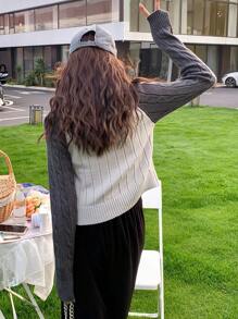 Alicedudu 对比色插肩袖拉链粗针织开衫、长袖上衣