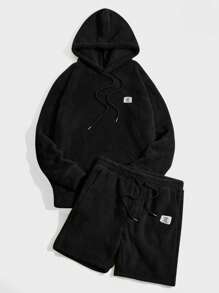 Manfinity VCAY Men Letter Patched Drawstring Teddy Hoodie & Shorts