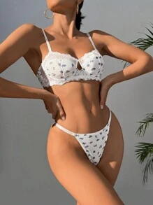 Floral Print Contrast Lace Underwire Bra & Panty Lingerie Set - White - View 4