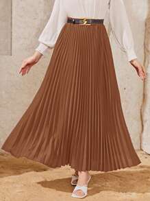 Modelyn Solid Pleated Skirt Without Belt - Coffee Brown - View 3