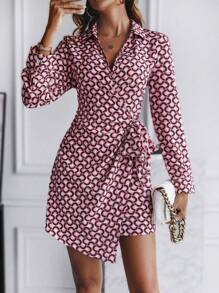 SHEIN Clasi Allover Print Knot Side Wrap Dress - Pink - View 1