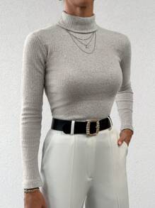 EURMUSE Turtleneck Ribbed Knit Sweater - Light Grey - View 5
