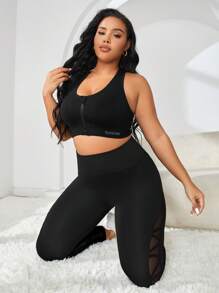 Easithlete 大碼嵌入網紗寬腰帶運動打底褲 - 黑色 - 查看 5