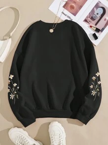 SHEIN Essnce 印花加絨內裏運動衫 - 黑色 - 查看 2