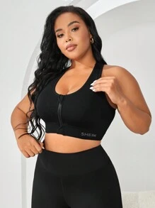 Yoga Basic Plus Letter Graphic Zip Up Sports Bra - Black - View 5