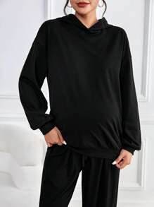 SHEIN Maternity Slogan Graphic Drop Shoulder Hoodie, For Winter - Black - View 2