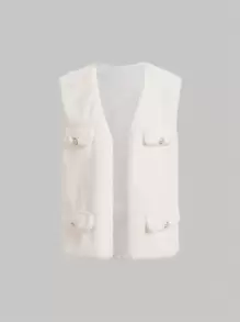SHEIN MOD 1pc Flap Detail Fuzzy Vest Coat - White - View 1