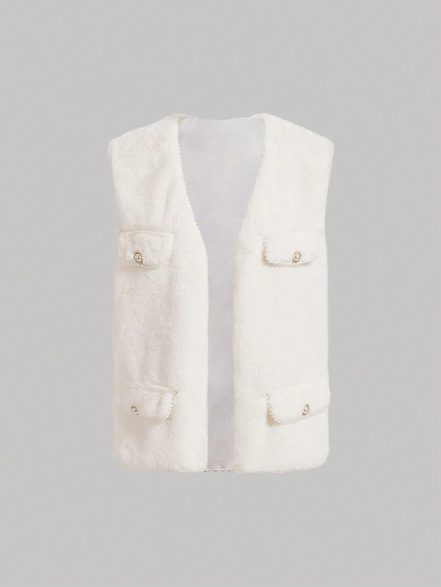SHEIN MOD 1pc Flap Detail Fuzzy Vest Coat - White - View 1
