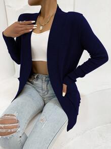 AAmilife Pocket Patched Solid Cardigan,Long Sleeve Tops - Navy Blue - View 5