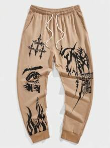 ROMWE MEN Goth Guys Eye & Fire Print Drawstring Waist Sweatpants - Khaki - View 1