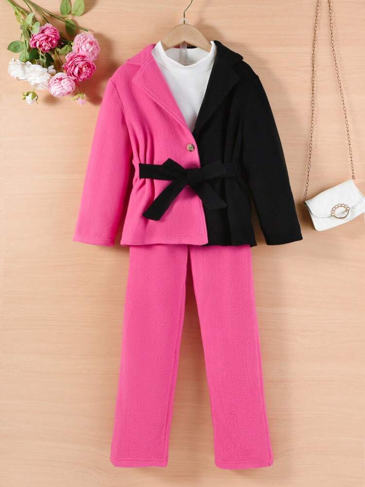 Tween Girl Two Tone Belted Coat & Pants & Solid Tee
